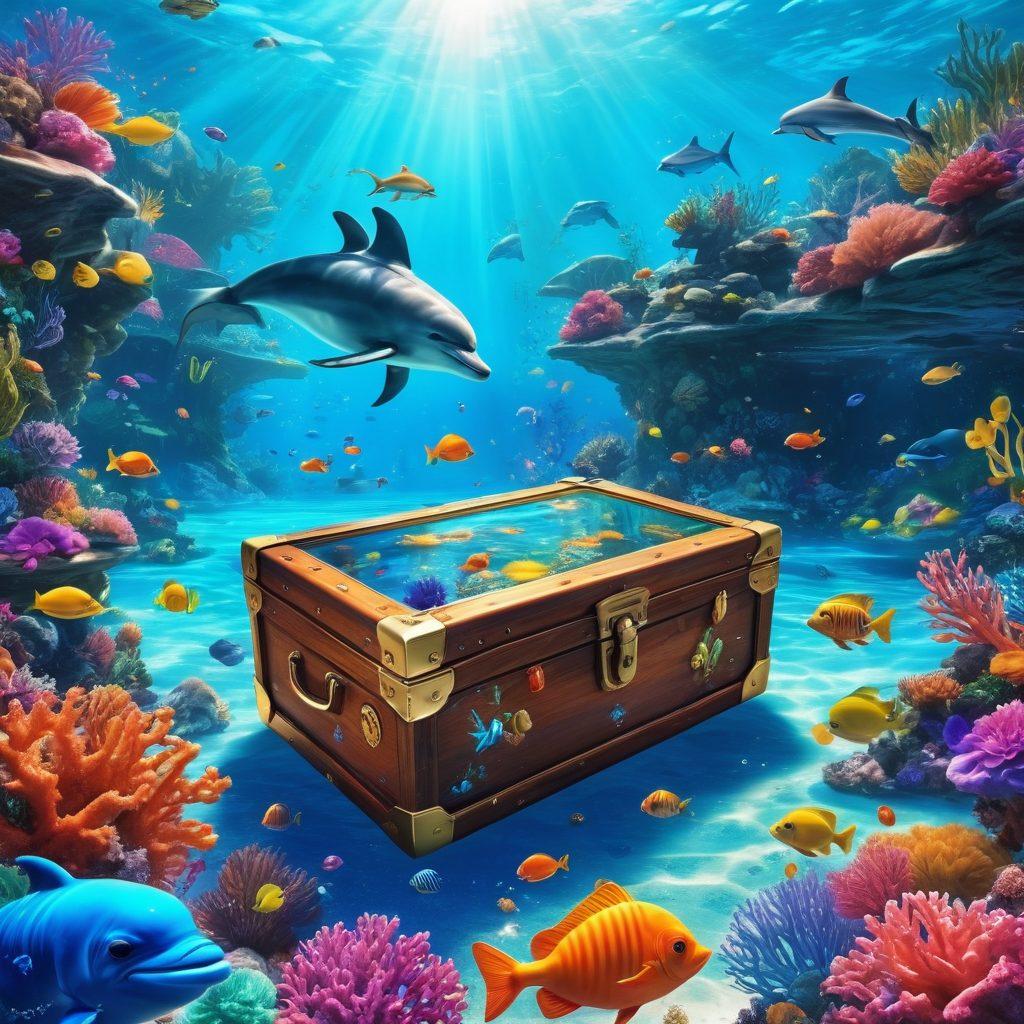 A whimsical underwater scene featuring colorful sea creatures like cheerful fish and playful dolphins, surrounded by vibrant coral reefs. Include a treasure chest overflowing with sparkling gems and cheerful game controllers scattered among the corals. Bright sunlight filters through the water, creating a joyful and inviting atmosphere. The scene should evoke a sense of fun and adventure, appealing to gamers of all ages. vibrant colors. super-realistic. 3D.