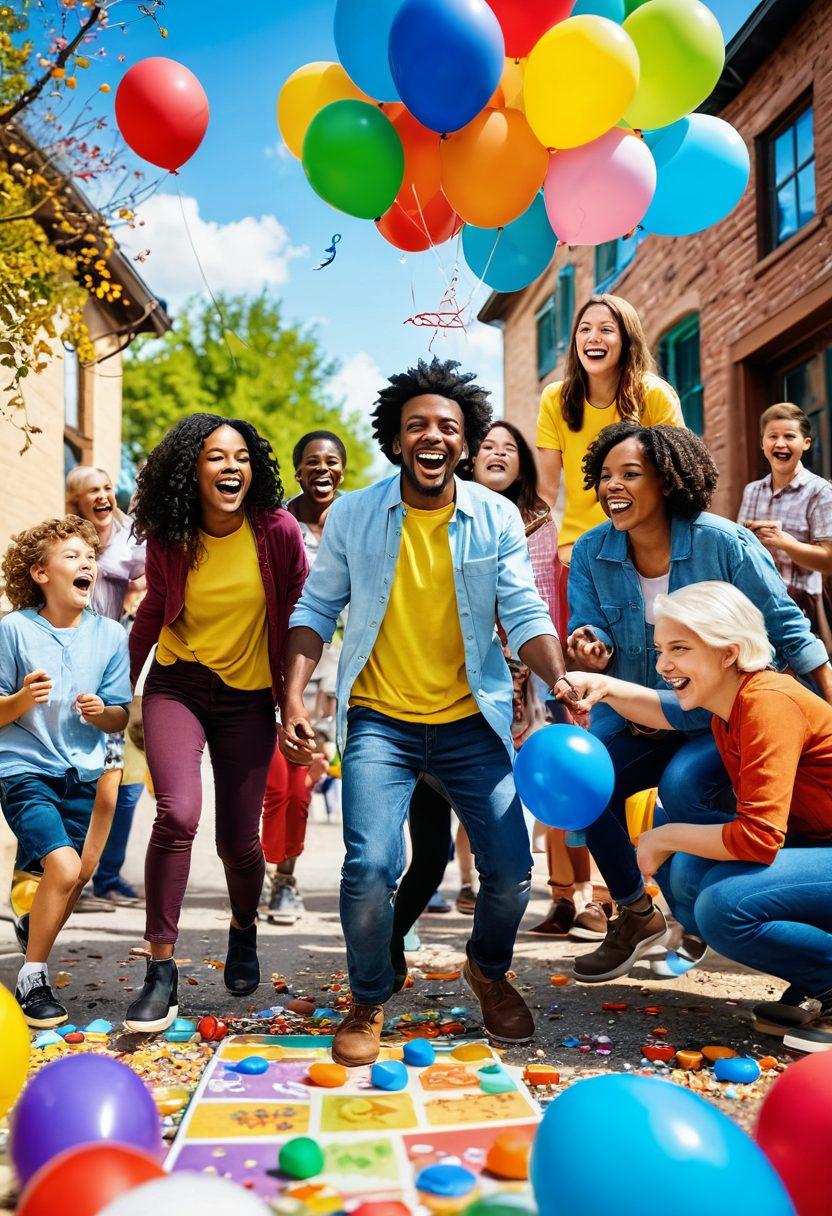 A colorful scene featuring diverse players of different ages engaged in various cheerful games like board games, outdoor activities, and video games, all radiating joy and laughter. Surrounding them are playful elements like balloons, confetti, and whimsical game pieces in the background, creating an atmosphere of fun and excitement. The overall image should convey a sense of community, happiness, and adventure. vibrant colors. playful cartoon style.