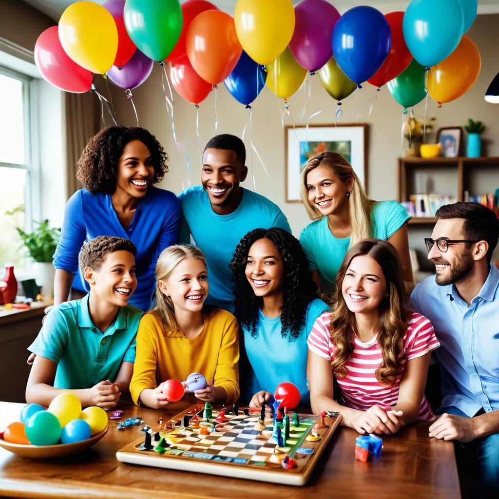 A colorful family gathering around a table, intensely playing various interactive board games and video games, with smiles and laughter on their faces. The setting is cozy, decorated with playful elements like balloons and cheerful decorations. Include a pet joyfully joining in the fun, embodying the essence of togetherness and joy. bright colors. playful style. super-realistic.